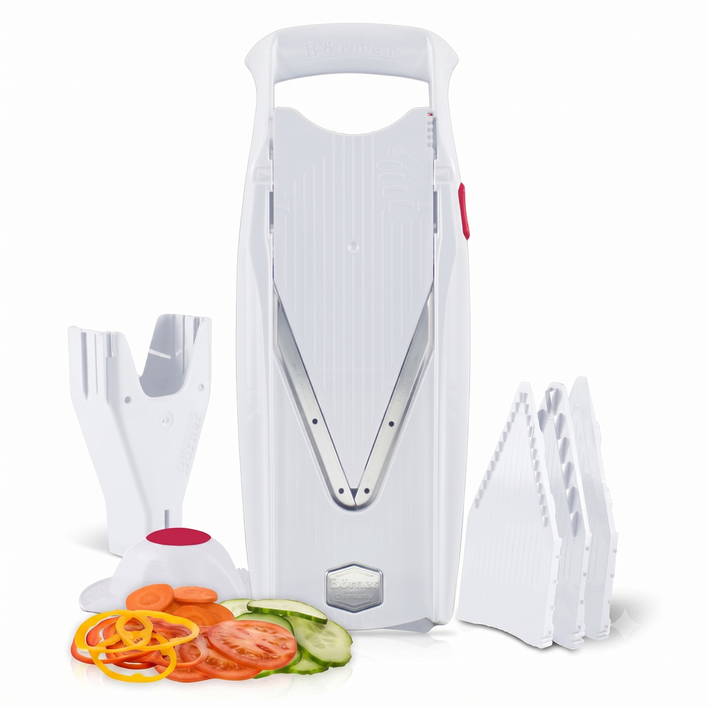 Swissmar Börner VPower V-Slicer Mandoline – Professional Kitchen Tool with Adjustable Thickness – Precision Food Slicer for Vegetables, Julienne, Shredding – Includes Safety Holder & Inserts - White