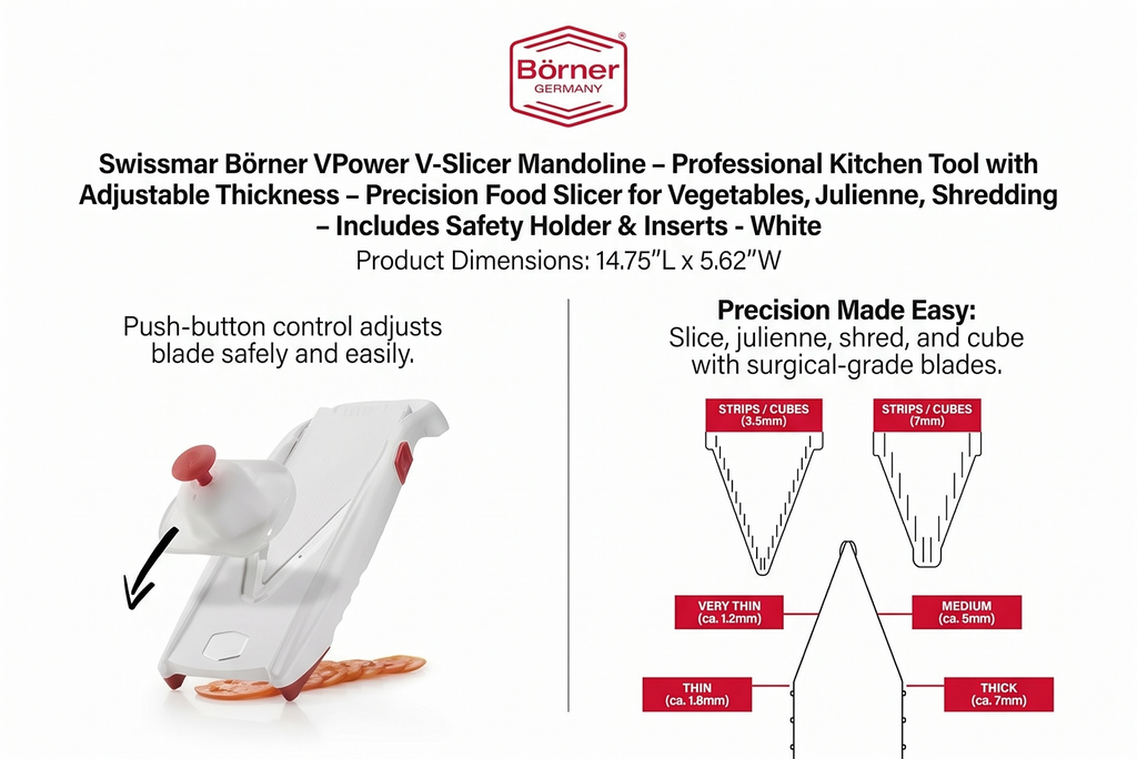 Swissmar Börner VPower V-Slicer Mandoline – Professional Kitchen Tool with Adjustable Thickness – Precision Food Slicer for Vegetables, Julienne, Shredding – Includes Safety Holder & Inserts - White
