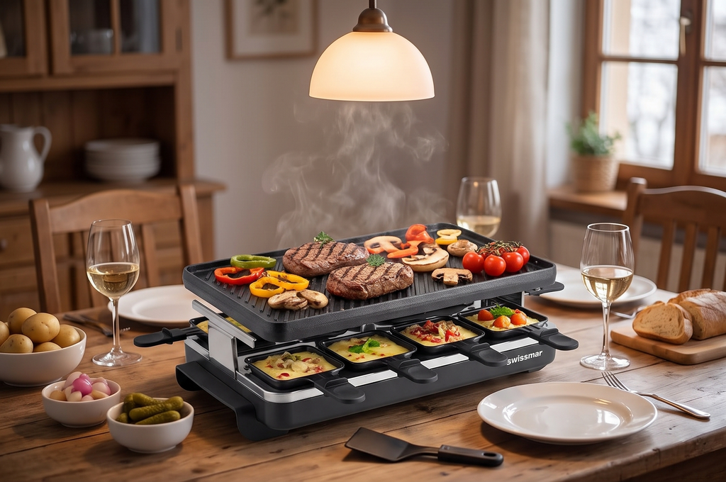 Swissmar Classic 8-Person Raclette Party Grill - Indoor Electric Grill & Griller with Reversible Cast Iron Grill Plate/Crepe Top - Anthracite Black