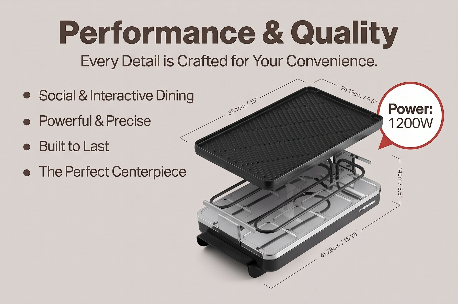 Swissmar Classic 8-Person Raclette Party Grill - Indoor Electric Grill & Griller with Reversible Cast Iron Grill Plate/Crepe Top - Anthracite Black