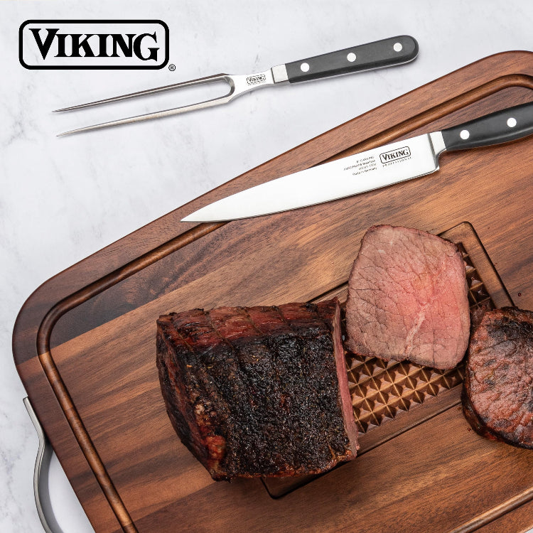 Viking Cutting Board, Acacia Wood Kitchen Butcher Block Carving Board with Juice Groove and Metal Handles, 23 x 14 x 1 Inch