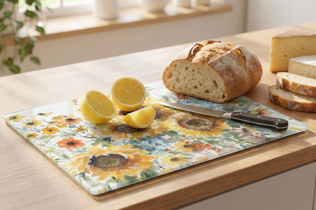 CounterArt Sunflowers Forever 3mm Tempered Glass Cutting Board Serving Board Charcuterie Board 15" x 12"