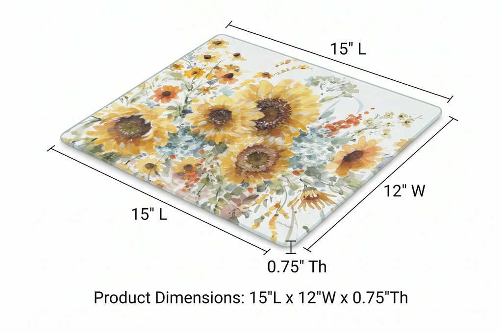 CounterArt Sunflowers Forever 3mm Tempered Glass Cutting Board Serving Board Charcuterie Board 15" x 12"