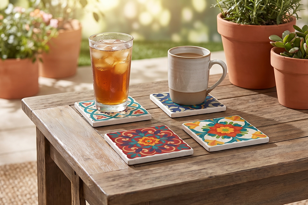 Thirstystone Spanish Villa Tumbled Tile Stone Coasters with Protective Cork Backing 4-Pack Manufactured in the USA Artistic Absorbent Easily Wipes Clean
