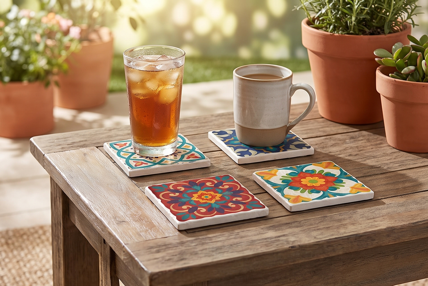 Thirstystone Spanish Villa Tumbled Tile Stone Coasters with Protective Cork Backing 4-Pack Manufactured in the USA Artistic Absorbent Easily Wipes Clean