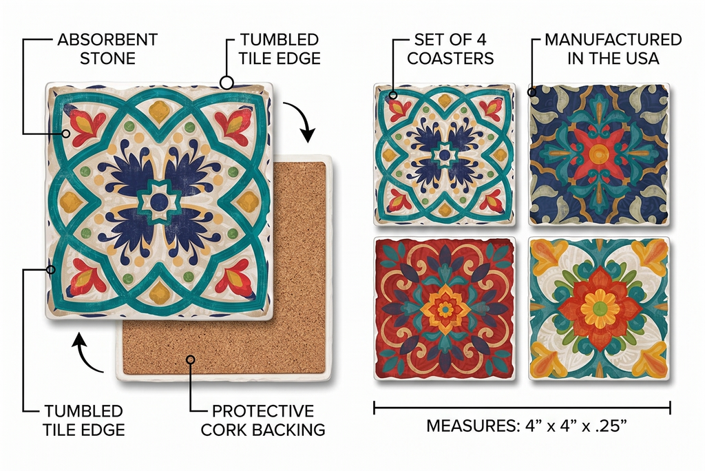 Thirstystone Spanish Villa Tumbled Tile Stone Coasters with Protective Cork Backing 4-Pack Manufactured in the USA Artistic Absorbent Easily Wipes Clean