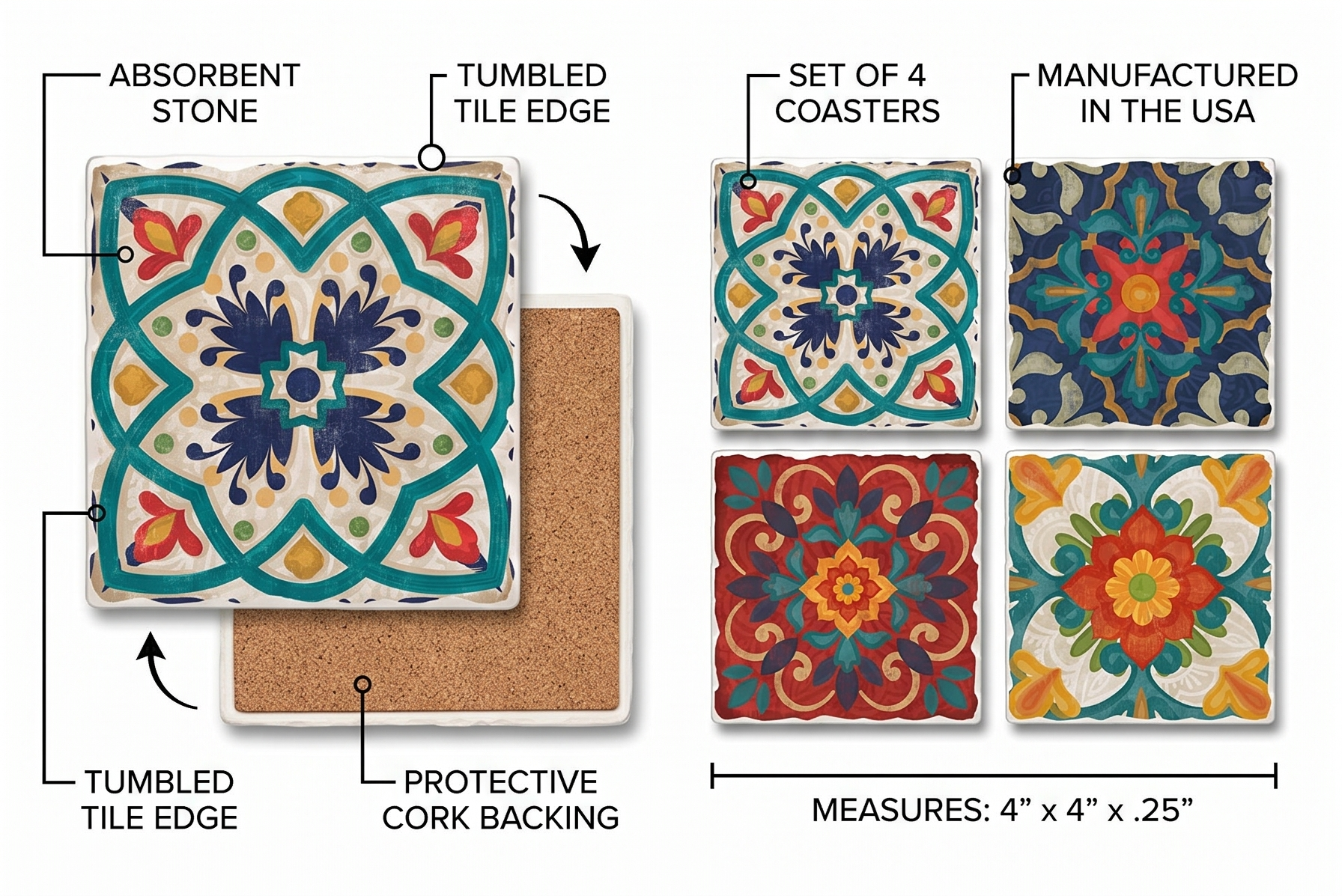 Thirstystone Spanish Villa Tumbled Tile Stone Coasters with Protective Cork Backing 4-Pack Manufactured in the USA Artistic Absorbent Easily Wipes Clean