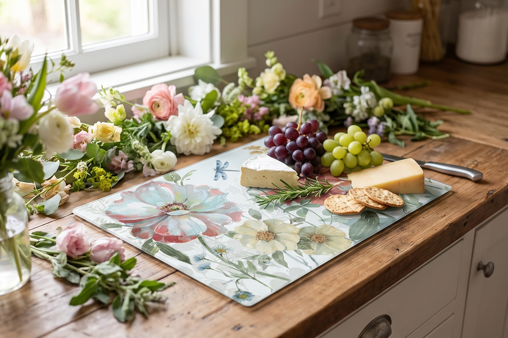 CounterArt Spring Meadow 3mm Tempered Glass Cutting Board Manufactured in the USA Serving Board Charcuterie Board