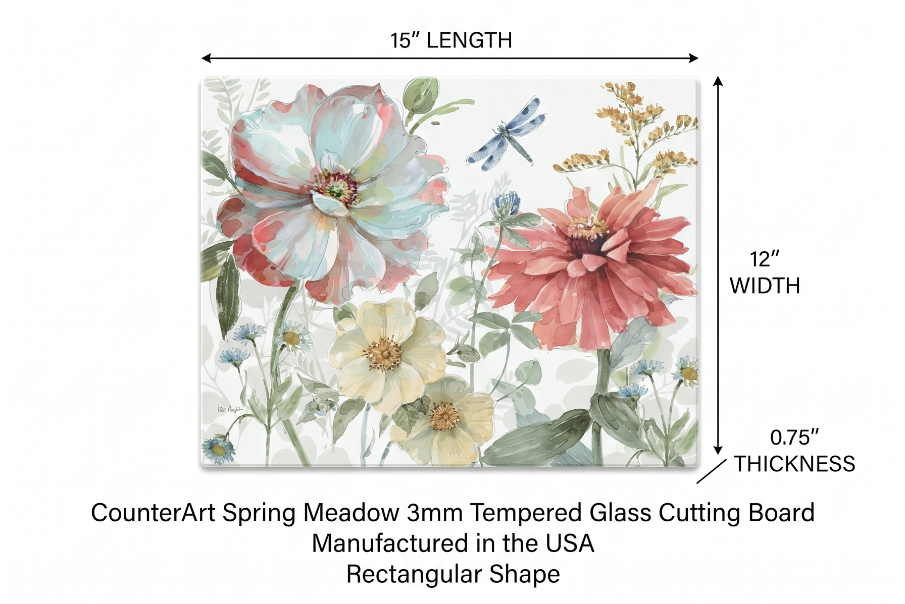 CounterArt Spring Meadow 3mm Tempered Glass Cutting Board Manufactured in the USA Serving Board Charcuterie Board