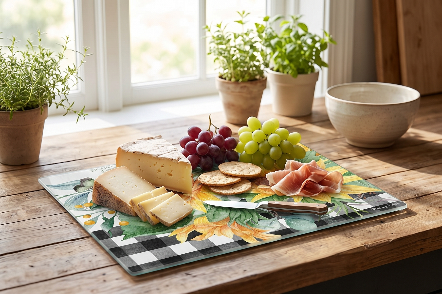 CounterArt Sunflower Fields 3mm Tempered Glass Cutting Board 15” x 12” Serving Board Charcuterie Board