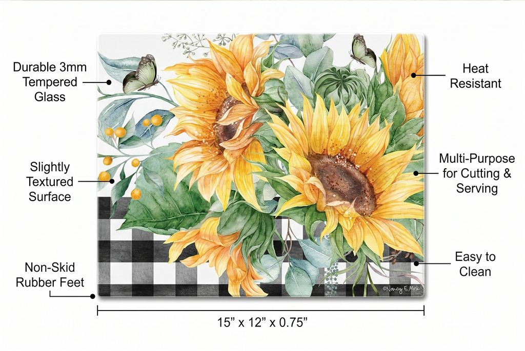 CounterArt Sunflower Fields 3mm Tempered Glass Cutting Board 15” x 12” Serving Board Charcuterie Board