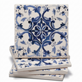 Thirstystone Blue & White Floral 4 Pack Assorted Tumbled Tile Stone Coasters with Protective Cork Backing 4" Square Manufactured in The USA