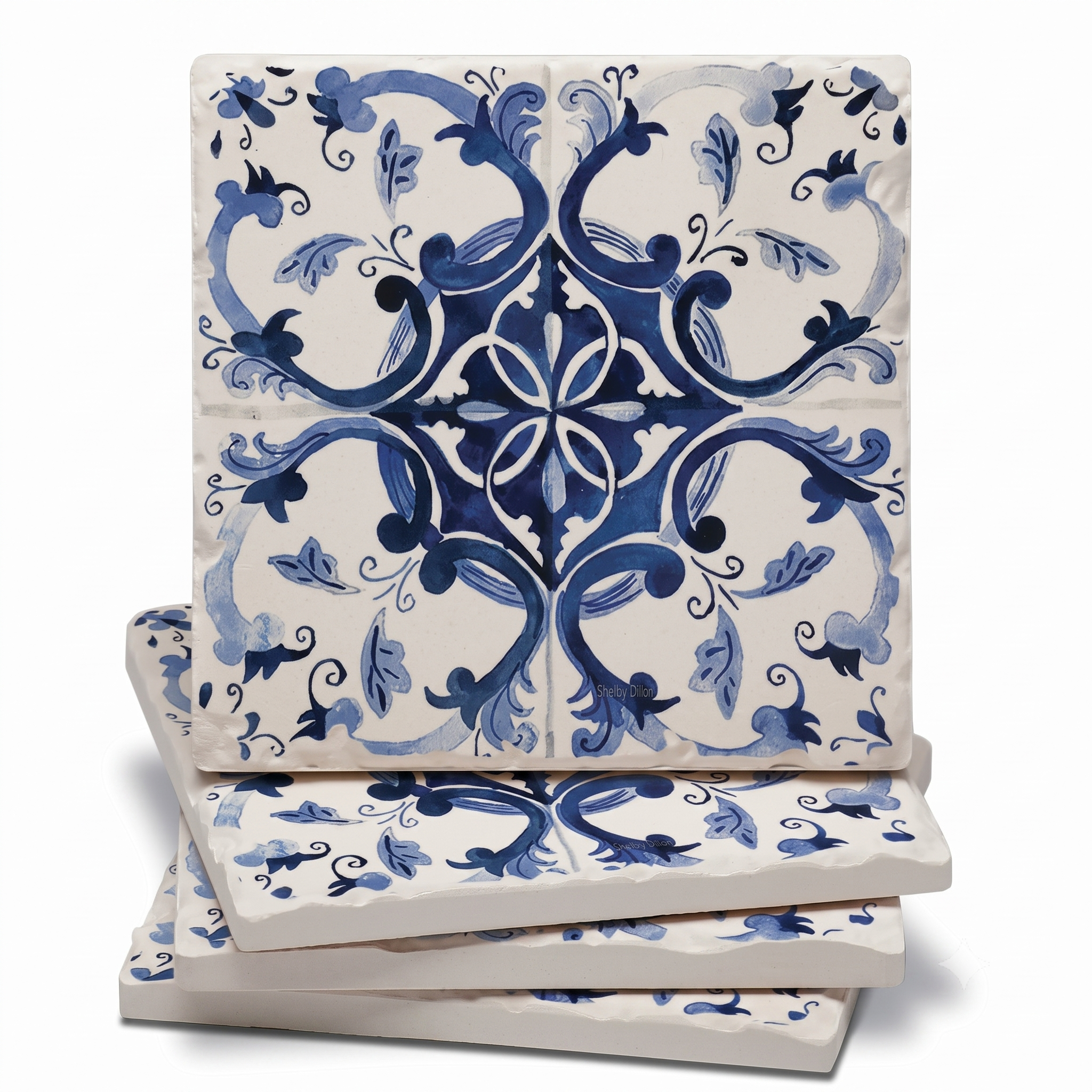 Thirstystone Blue & White Floral 4 Pack Assorted Tumbled Tile Stone Coasters with Protective Cork Backing 4" Square Manufactured in The USA