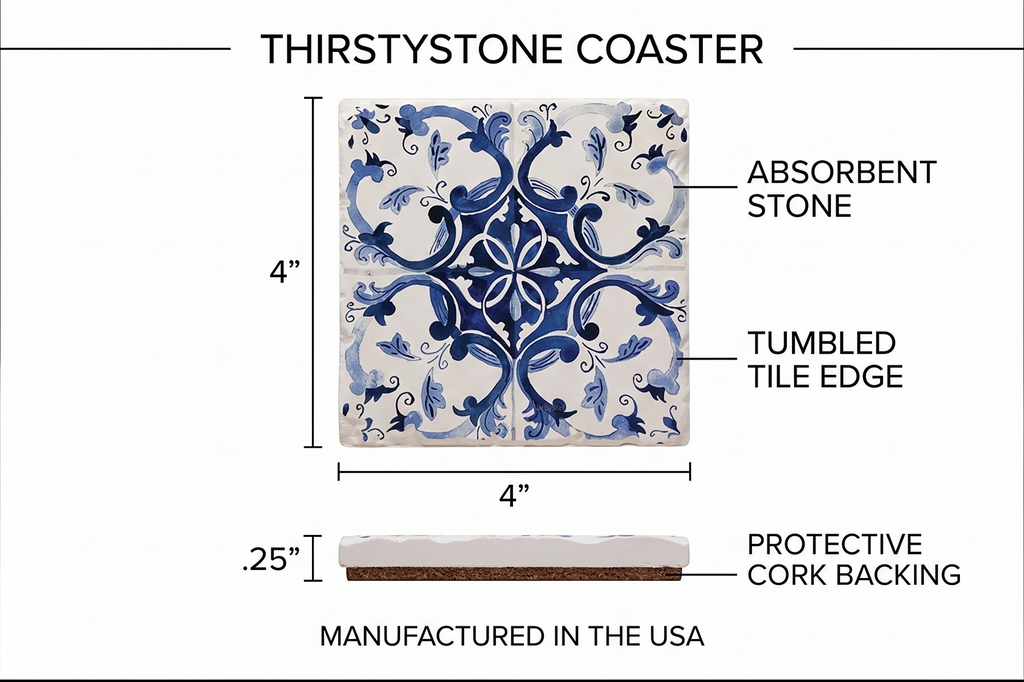 Thirstystone Blue & White Floral 4 Pack Assorted Tumbled Tile Stone Coasters with Protective Cork Backing 4" Square Manufactured in The USA