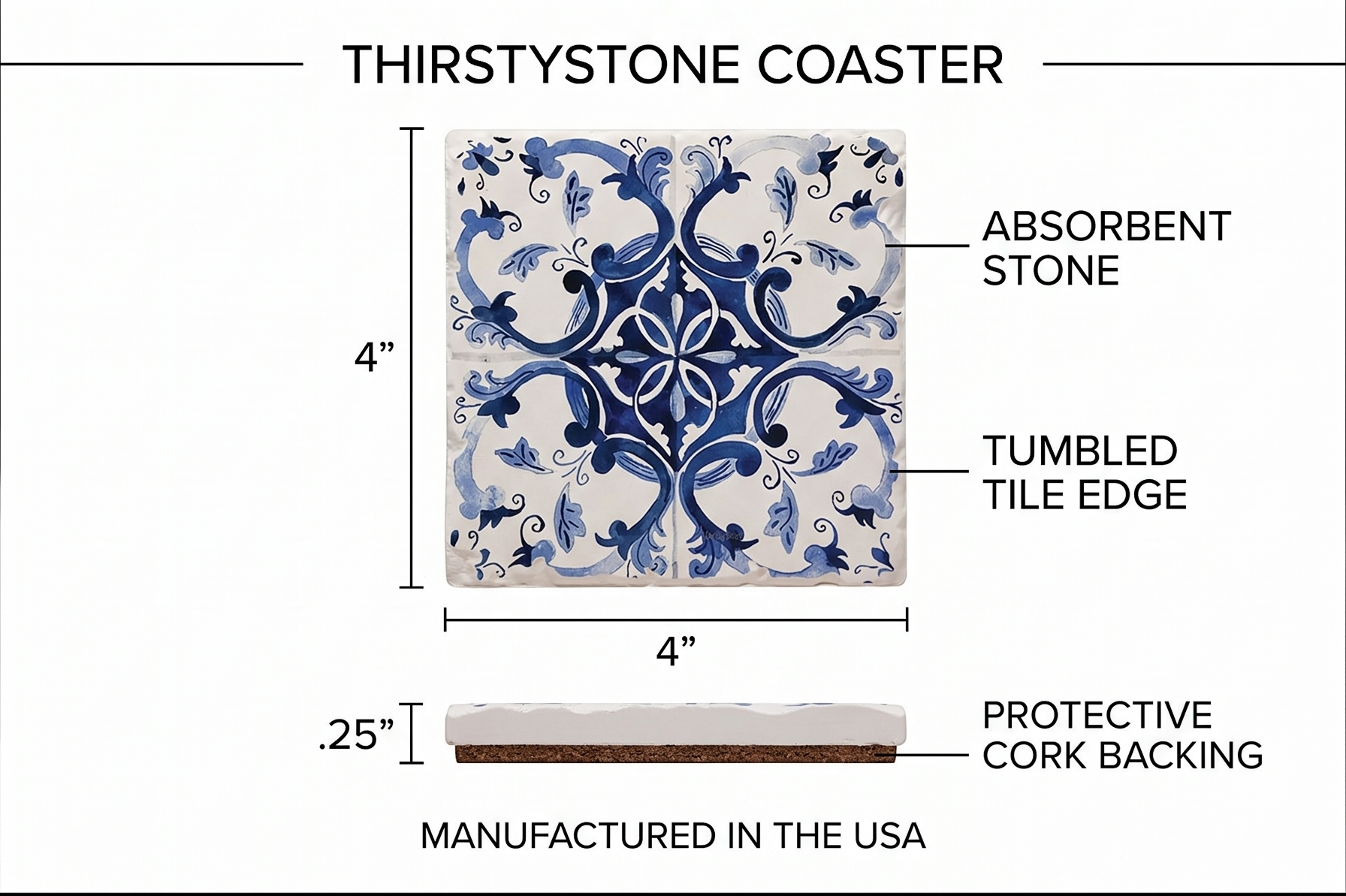 Thirstystone Blue & White Floral 4 Pack Assorted Tumbled Tile Stone Coasters with Protective Cork Backing 4" Square Manufactured in The USA