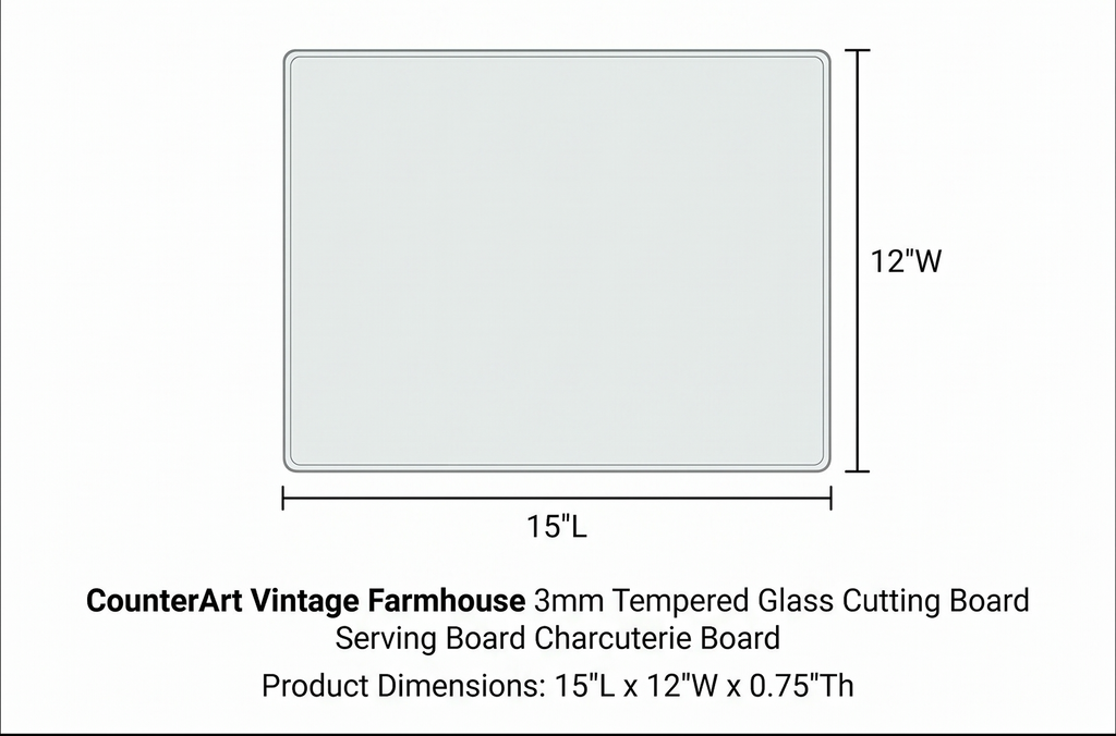 CounterArt Vintage Farmhouse 3mm Tempered Glass Cutting Board Serving Board Charcuterie Board 12" x 15"