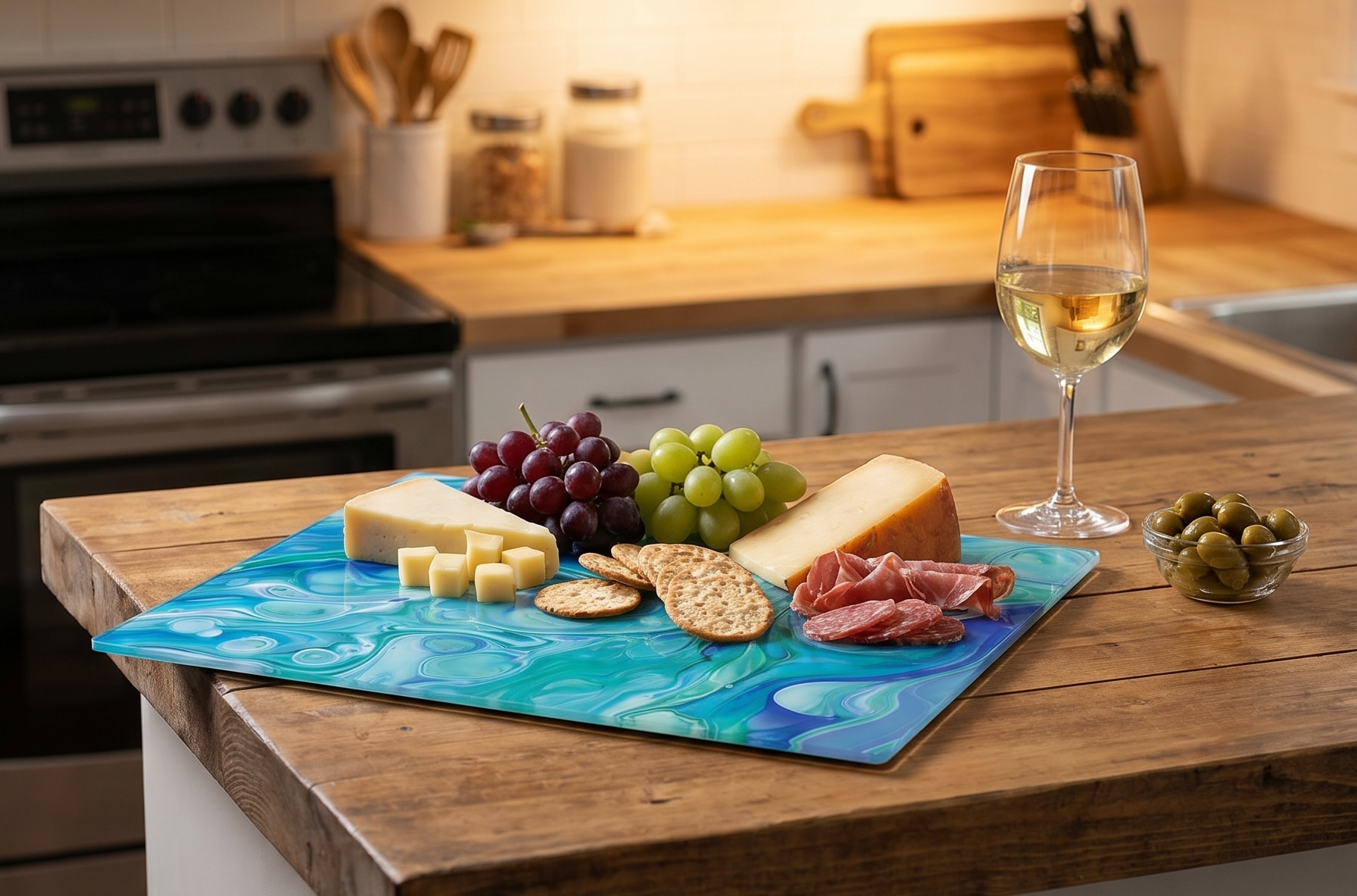 CounterArt Ocean Vibe Blue Swirls 3mm Tempered Glass Cutting Board Manufactured in the USA Serving Board Charcuterie Board 12" x 15"