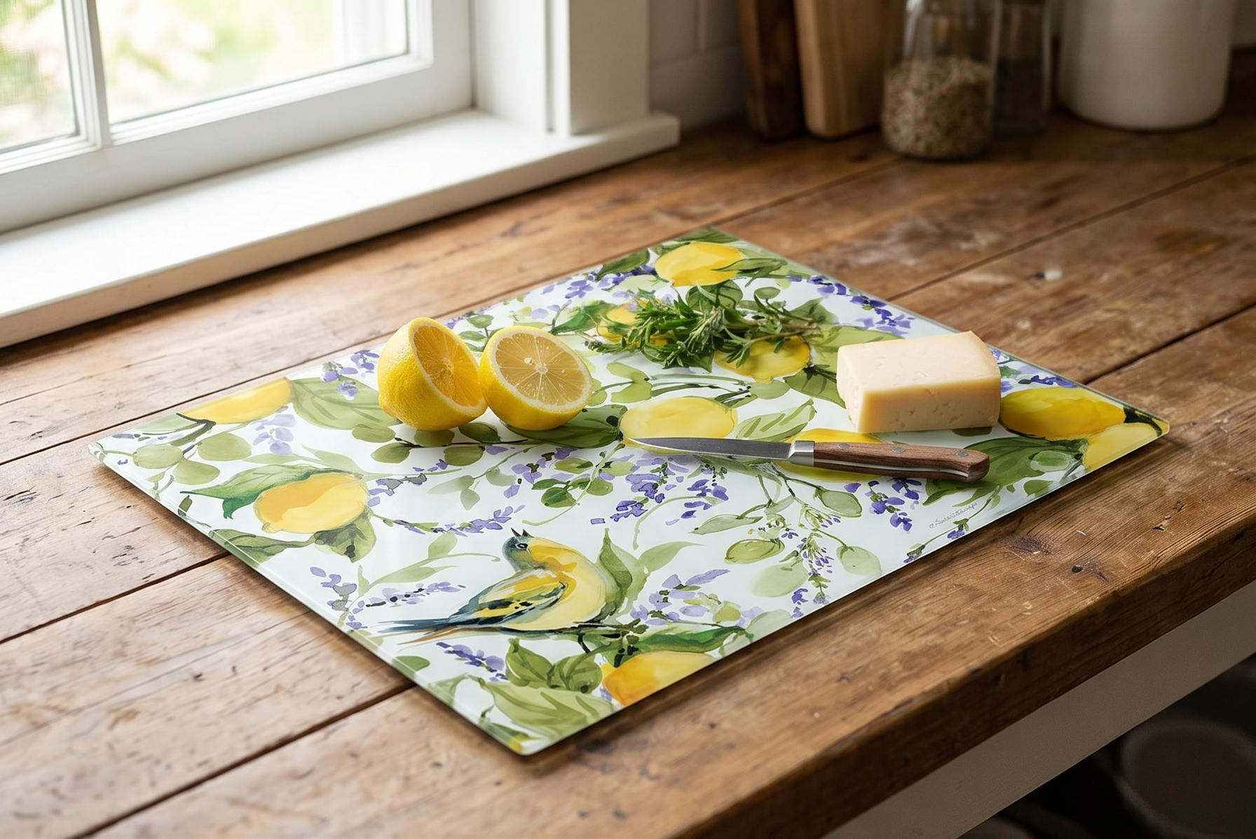 CounterArt Watercolor Lemons 3mm Tempered Glass Cutting Board Serving Board Charcuterie Board 12" x 15"