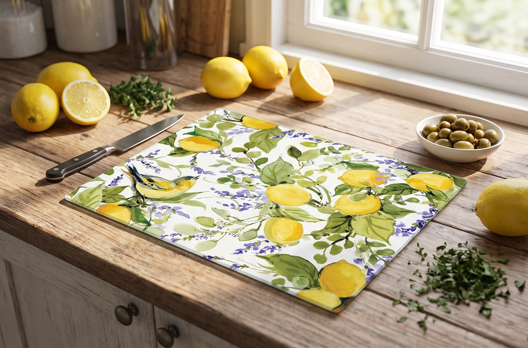 CounterArt Watercolor Lemons 3mm Tempered Glass Cutting Board Serving Board Charcuterie Board 12" x 15"