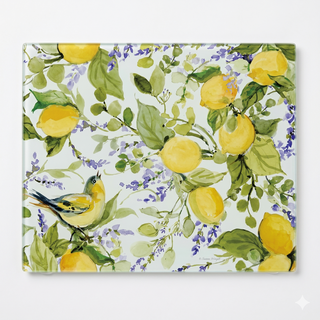 CounterArt Watercolor Lemons 3mm Tempered Glass Cutting Board Serving Board Charcuterie Board 12" x 15"
