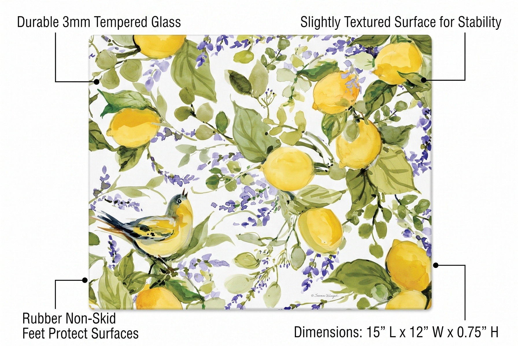 CounterArt Watercolor Lemons 3mm Tempered Glass Cutting Board Serving Board Charcuterie Board 12" x 15"