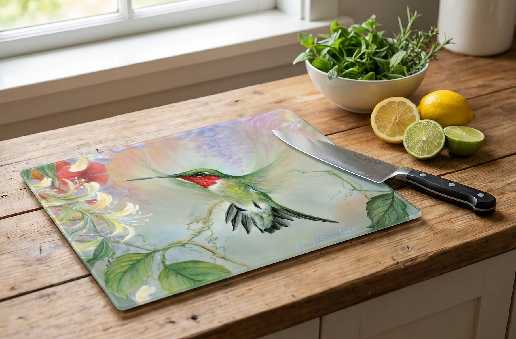 Ruby Hummingbird Natures Gift of Feathers Tempered Glass Large Cutting Board by Highland Graphics