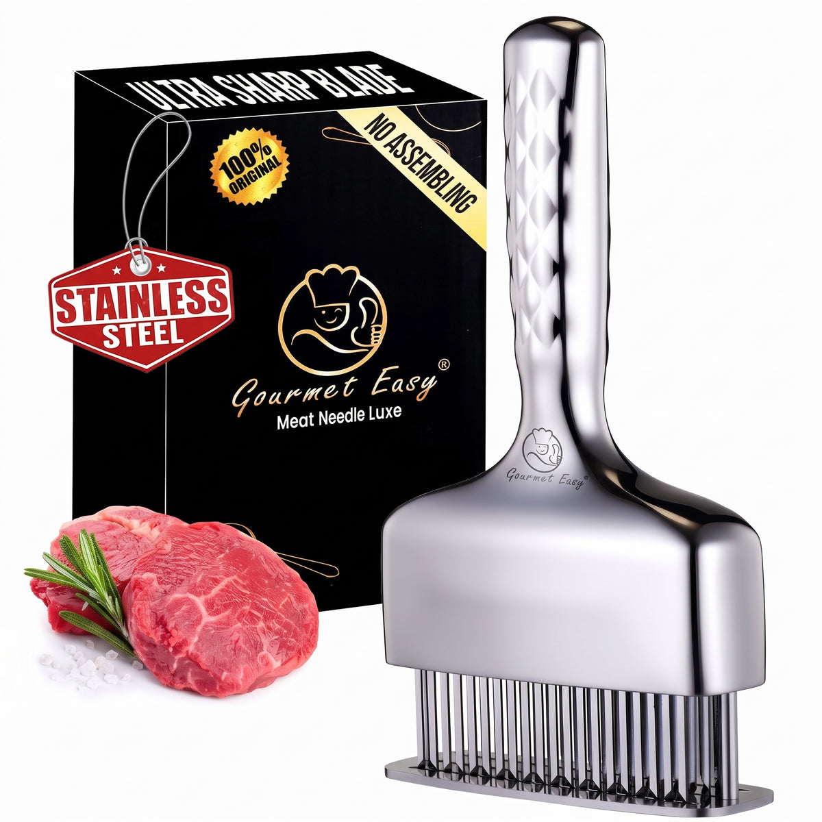 Meat Tenderizer Tool, Stainless Steel Blade Tenderizer for Meat – Extra Long Handle, Rustproof One-Piece Meat Tenderizer Mallet & Hammer, Steak Cooking Accessories, No Assembly Needed, 5-Year Warranty