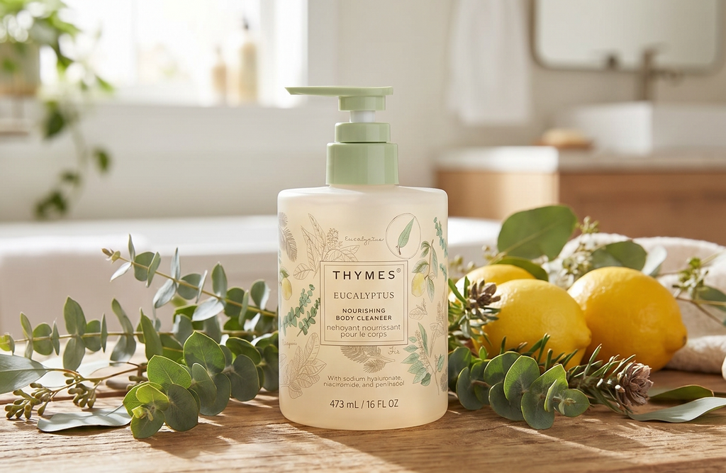 Thymes Nourishing Body Cleanser - Large Moisturizing Body Wash with Pump - Hydrating Cleanser - Notes of Eucalyptus Oil, Lemon, Petitgrain, Bergamot, Lemongrass, & Lush Fir (Eucalyptus, 16 fl oz)