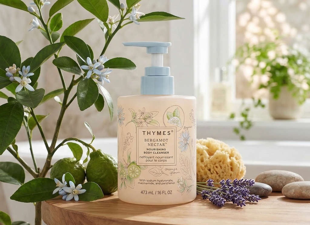 Thymes Nourishing Body Cleanser - Large Moisturizing Body Wash with Pump - Hydrating Cleanser - Notes of Bergamot, Orange Flower, Lemon, Lotus & Sandalwood. (Bergamot Nectar, 16 fl oz)