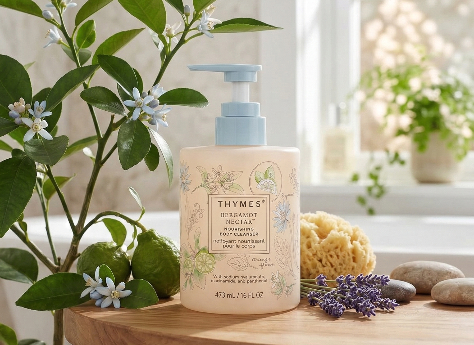 Thymes Nourishing Body Cleanser - Large Moisturizing Body Wash with Pump - Hydrating Cleanser - Notes of Bergamot, Orange Flower, Lemon, Lotus & Sandalwood. (Bergamot Nectar, 16 fl oz)