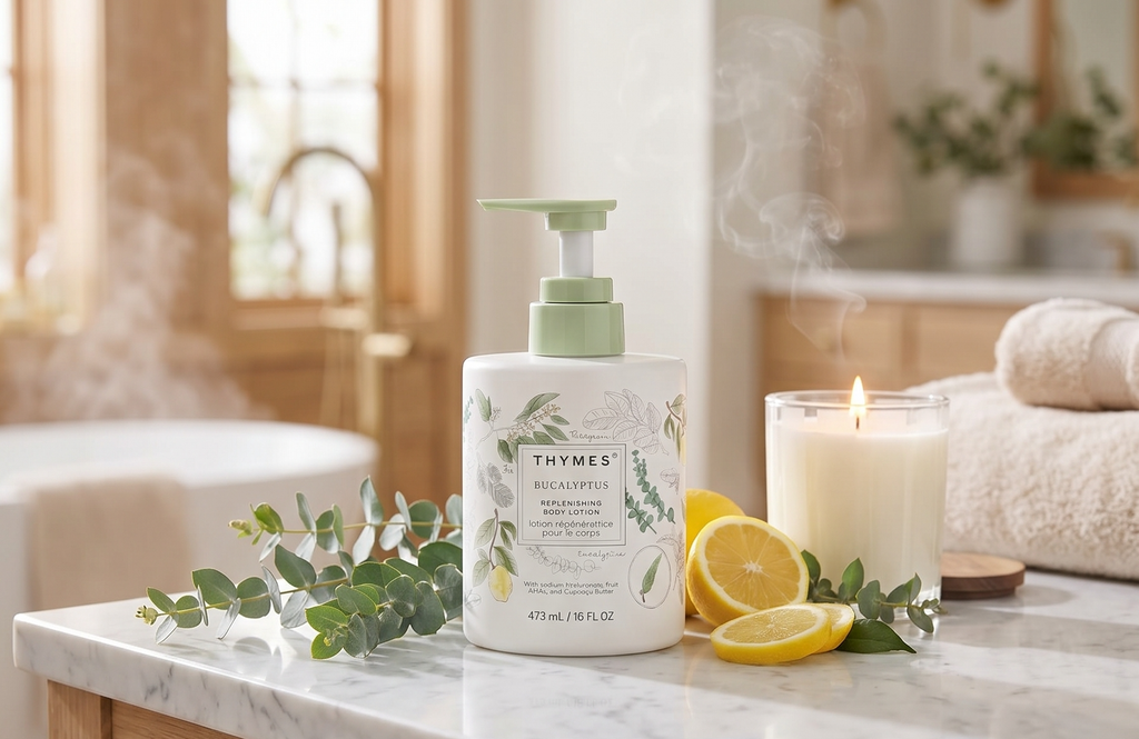 Thymes Large Replenishing Body Lotion - Moisturizing Body Lotion for Dry Skin - Scented with Notes of Eucalyptus Oil, Lemon, Petitgrain, Bergamot, Lemongrass, & Lush Fir (Eucalyptus, 16 fl oz)