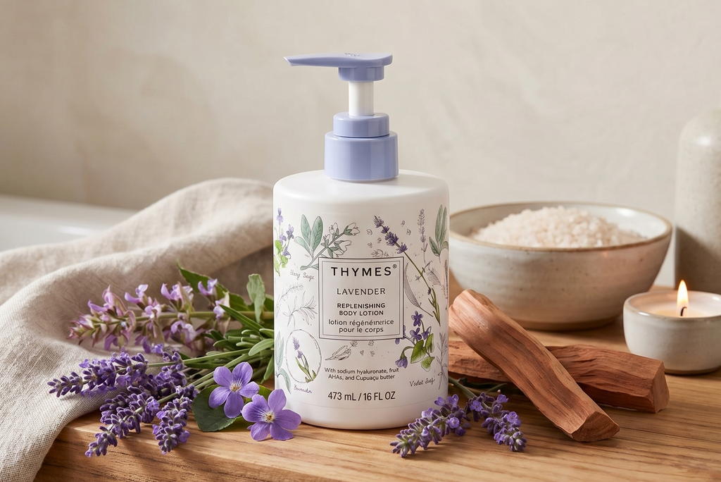Thymes Large Replenishing Body Lotion - Moisturizing Body Lotion for Dry Skin - Scented with Notes of Velvety Lavender, Warm Rosewood, Fresh Clary Sage, & Earthy Violet (Lavender, 16 fl oz)