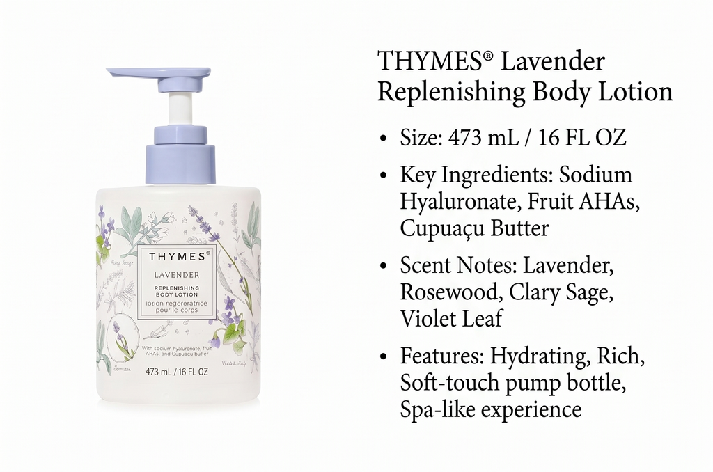 Thymes Large Replenishing Body Lotion - Moisturizing Body Lotion for Dry Skin - Scented with Notes of Velvety Lavender, Warm Rosewood, Fresh Clary Sage, & Earthy Violet (Lavender, 16 fl oz)