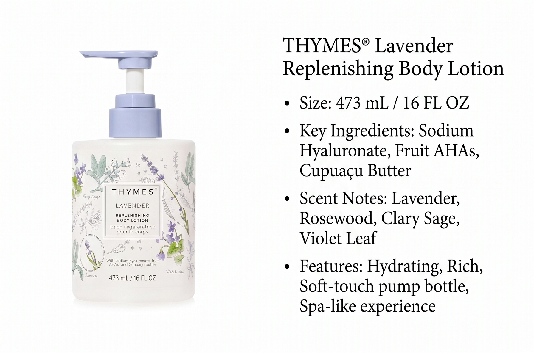 Thymes Large Replenishing Body Lotion - Moisturizing Body Lotion for Dry Skin - Scented with Notes of Velvety Lavender, Warm Rosewood, Fresh Clary Sage, & Earthy Violet (Lavender, 16 fl oz)