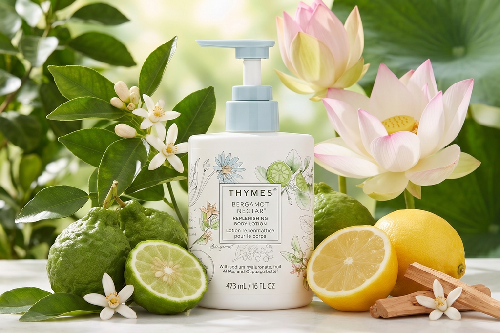 Thymes Large Replenishing Body Lotion - Moisturizing Body Lotion for Dry Skin - Scented with Notes of Bergamot, Lemon, Orange Flower, Lotus & Sandalwood (Bergamot Nectar, 16 fl oz)