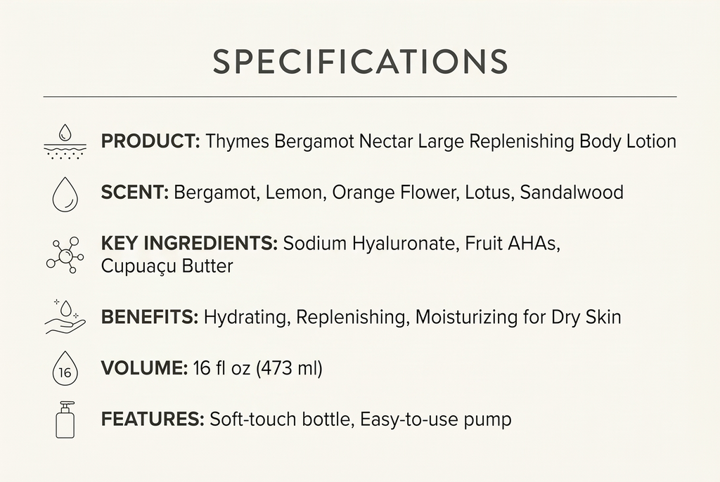Thymes Large Replenishing Body Lotion - Moisturizing Body Lotion for Dry Skin - Scented with Notes of Bergamot, Lemon, Orange Flower, Lotus & Sandalwood (Bergamot Nectar, 16 fl oz)