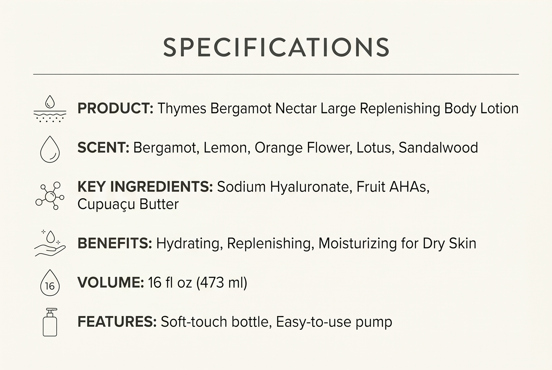 Thymes Large Replenishing Body Lotion - Moisturizing Body Lotion for Dry Skin - Scented with Notes of Bergamot, Lemon, Orange Flower, Lotus & Sandalwood (Bergamot Nectar, 16 fl oz)