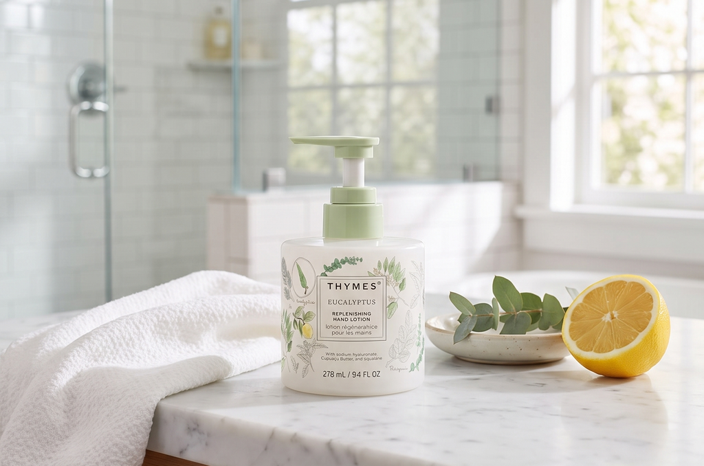Thymes Replenishing Hand Lotion for Dry Skin - Daily Moisturizer Helps Reduce Dryness - Hand Lotion for Women & Men Formulated with Sodium Hyaluronate & Squalane (Eucalyptus, 9.4 fl oz)
