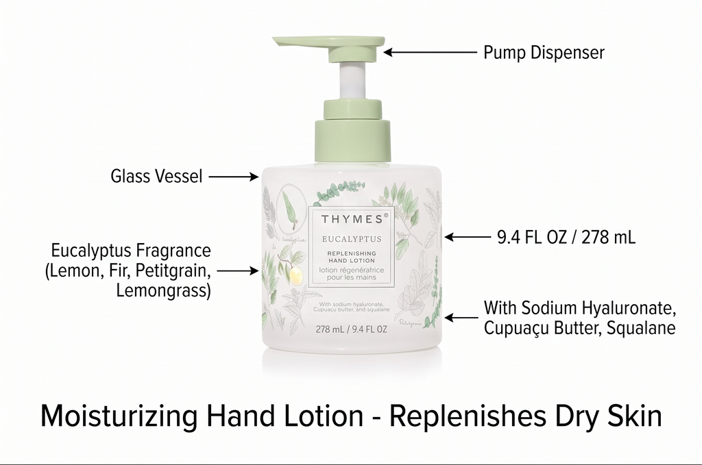 Thymes Replenishing Hand Lotion for Dry Skin - Daily Moisturizer Helps Reduce Dryness - Hand Lotion for Women & Men Formulated with Sodium Hyaluronate & Squalane (Eucalyptus, 9.4 fl oz)