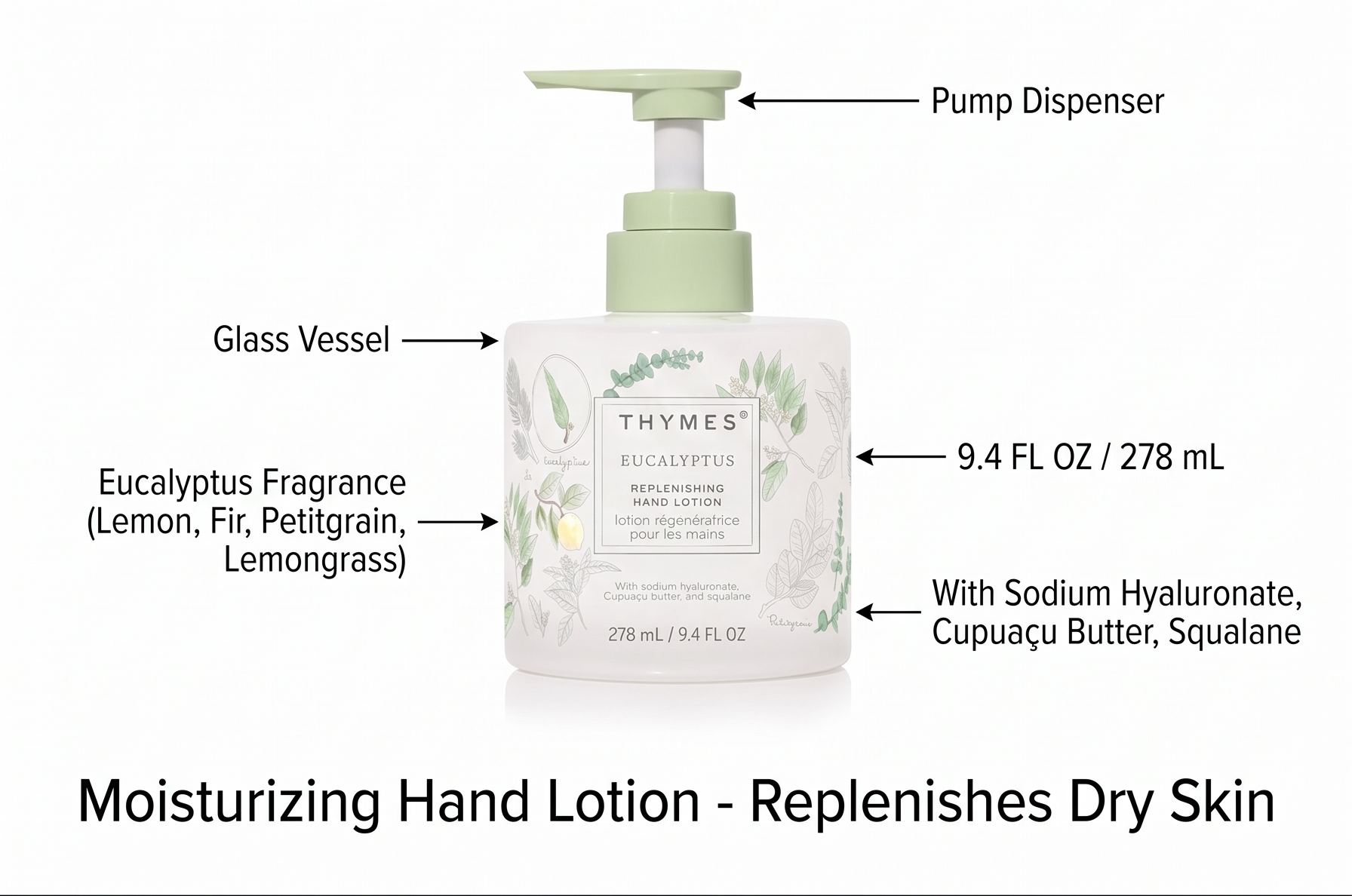 Thymes Replenishing Hand Lotion for Dry Skin - Daily Moisturizer Helps Reduce Dryness - Hand Lotion for Women & Men Formulated with Sodium Hyaluronate & Squalane (Eucalyptus, 9.4 fl oz)