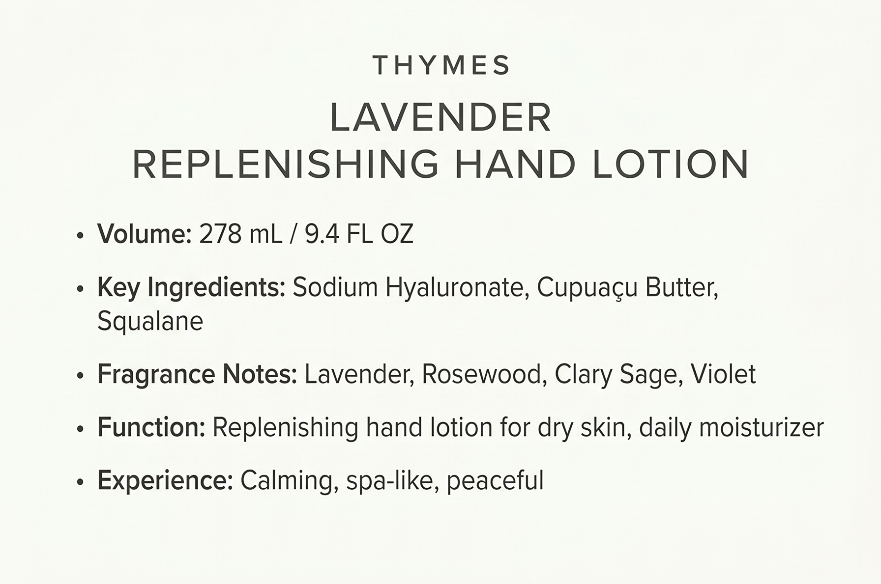 Thymes Replenishing Hand Lotion for Dry Skin - Daily Moisturizer Helps Reduce Dryness - Hand Lotion for Women & Men Formulated with Sodium Hyaluronate & Squalane (Lavender, 9.4 fl oz)