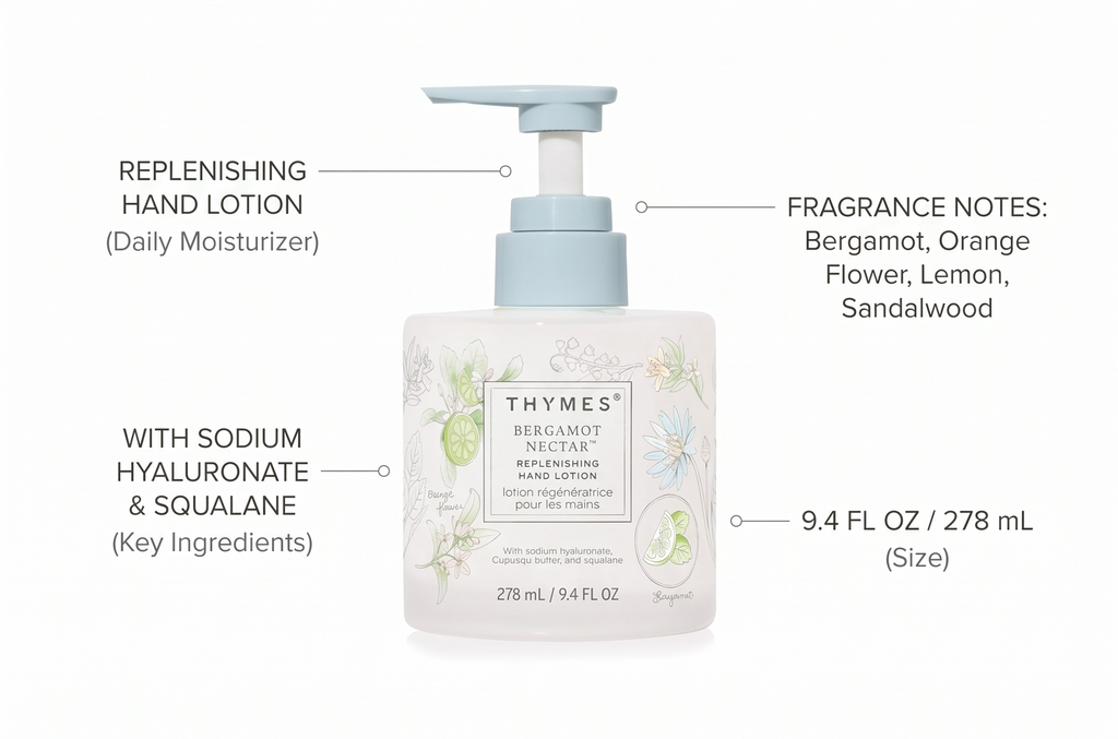 Thymes Replenishing Hand Lotion for Dry Skin - Daily Moisturizer Helps Reduce Dryness - Hand Lotion for Women & Men Formulated with Sodium Hyaluronate & Squalane (Bergamot Nectar, 9.4 fl oz)