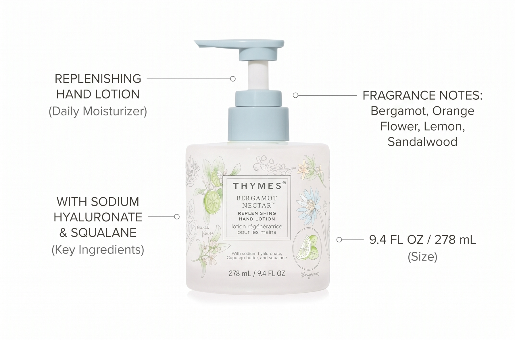 Thymes Replenishing Hand Lotion for Dry Skin - Daily Moisturizer Helps Reduce Dryness - Hand Lotion for Women & Men Formulated with Sodium Hyaluronate & Squalane (Bergamot Nectar, 9.4 fl oz)