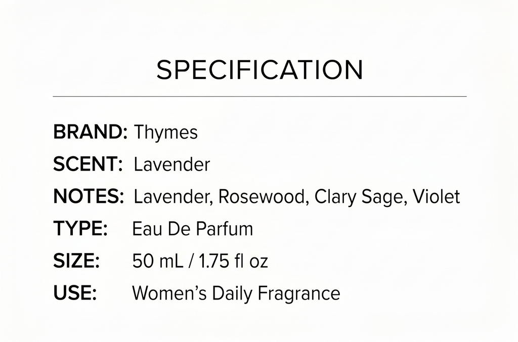 Thymes Eau De Parfum - Scented Perfumes for Women - Women's Fragrances with Notes of Velvety Lavender, Warm Rosewood, Fresh Clary Sage, & Earthy Violet (Lavender, 1.75 fl oz)
