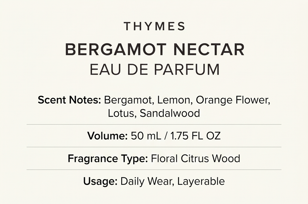 Thymes Eau De Parfum - Scented Perfumes for Women - Women's Fragrances with Notes of Bergamot, Lemon, Orange Flower, Lotus & Sandalwood (Bergamot Nectar, 1.75 fl oz)