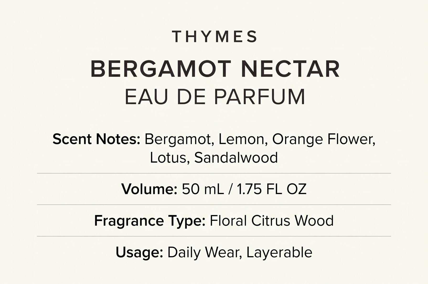 Thymes Eau De Parfum - Scented Perfumes for Women - Women's Fragrances with Notes of Bergamot, Lemon, Orange Flower, Lotus & Sandalwood (Bergamot Nectar, 1.75 fl oz)