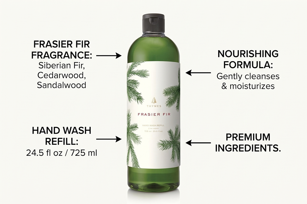 Thymes Hand Wash Refill - Lightly Scented Liquid Hand Soap for Bathroom and Kitchen Refill - Moisturizing Formula with Natural Ingredients (Frasier Fir, 24.5 fl oz)