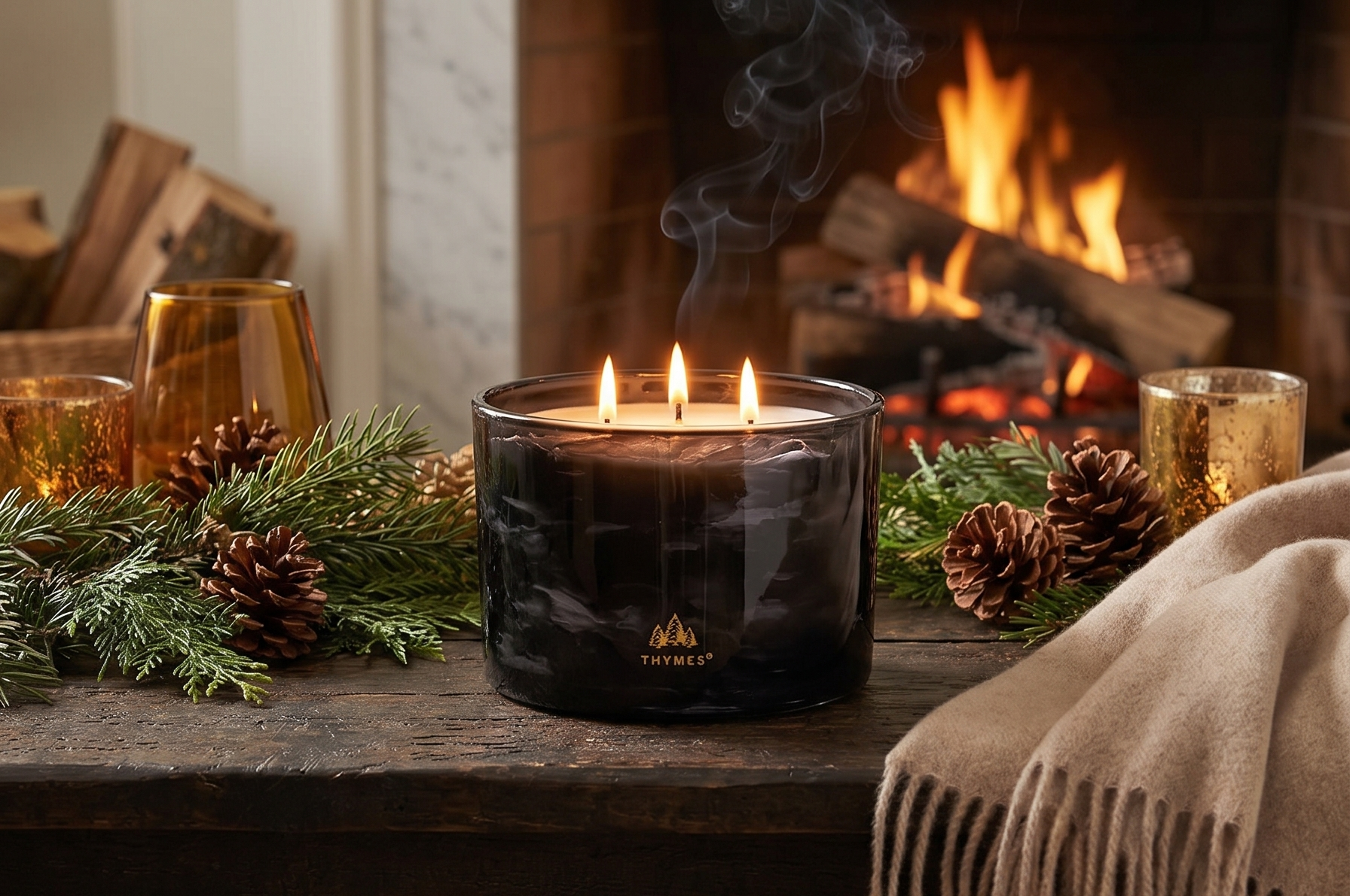 Thymes Noir Woods Scented Candles for Home Decor – Notes of Fresh Evergreen, Smoky Wood & Golden Amber – Luxury Home Fragrance Gifts for Women & Men – Burns Up to 38 Hrs (Large 3 Wick Candle, 18 oz)