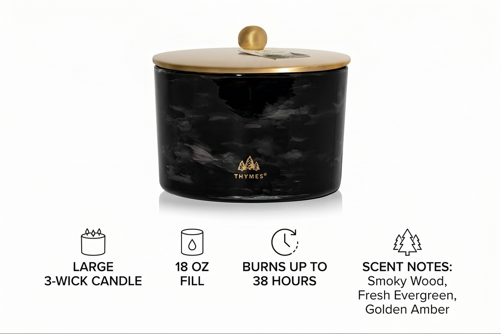 Thymes Noir Woods Scented Candles for Home Decor – Notes of Fresh Evergreen, Smoky Wood & Golden Amber – Luxury Home Fragrance Gifts for Women & Men – Burns Up to 38 Hrs (Large 3 Wick Candle, 18 oz)