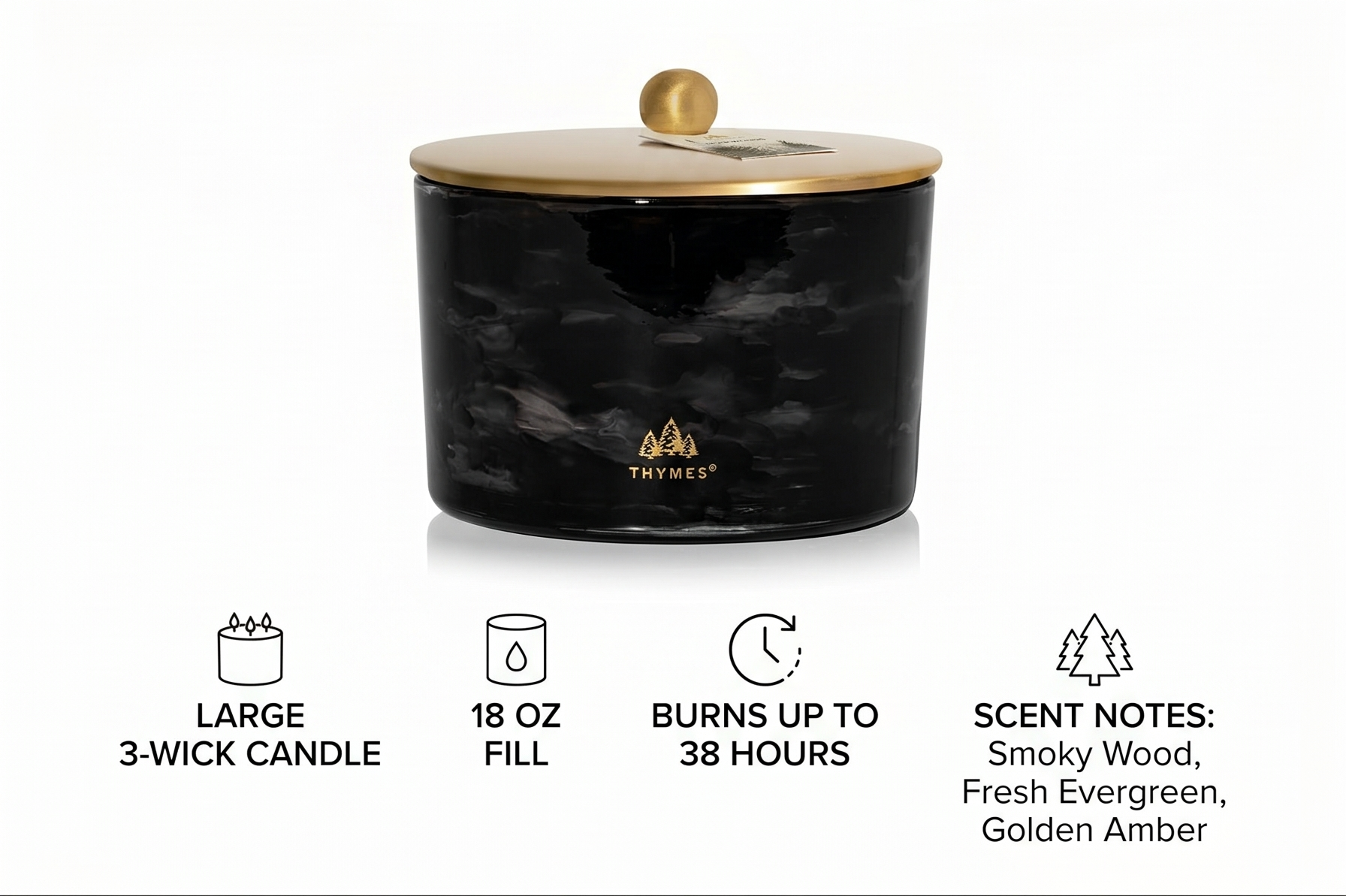 Thymes Noir Woods Scented Candles for Home Decor – Notes of Fresh Evergreen, Smoky Wood & Golden Amber – Luxury Home Fragrance Gifts for Women & Men – Burns Up to 38 Hrs (Large 3 Wick Candle, 18 oz)